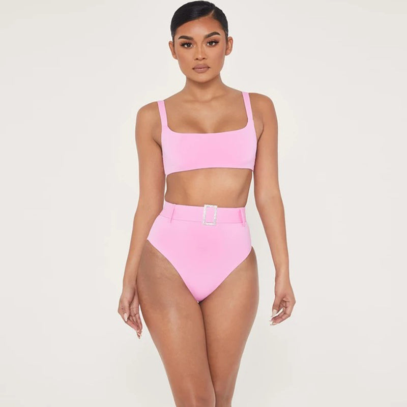 Solid color high waist sexy imitation diamond bikini