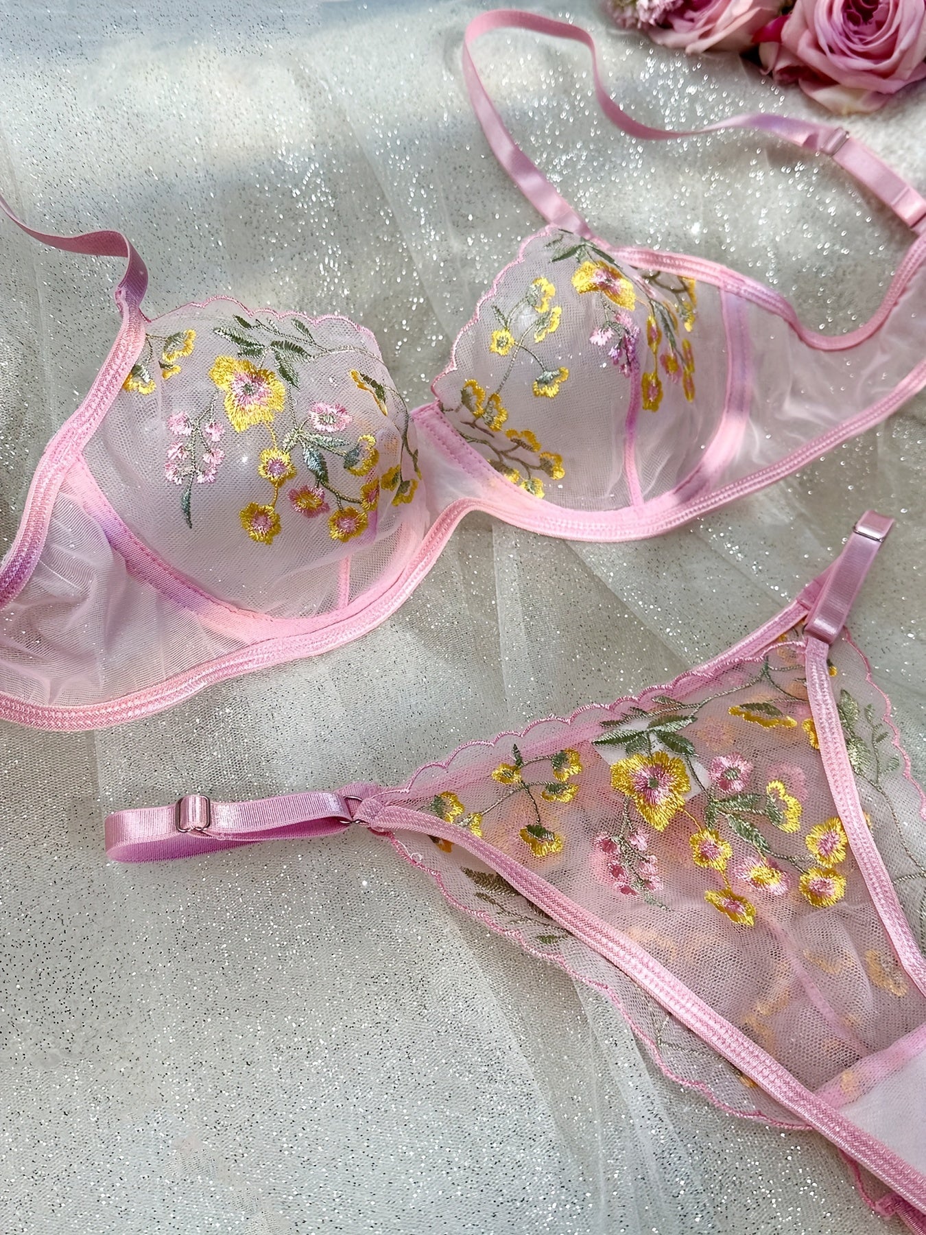 Floral Embroidery Lingerie Set, Sheer Unlined Bra & Mesh Thong, Women's  Lingerie & Underwear