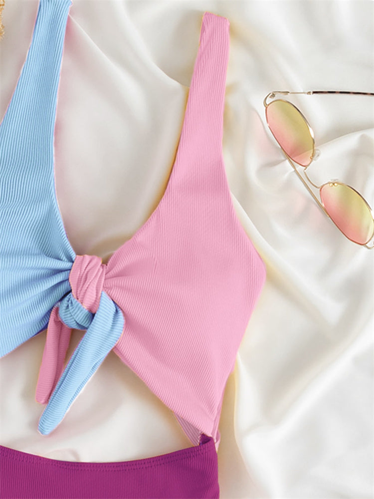 Colorblock Chest Knotted One Piece Swimsuit Two Piece Bikini