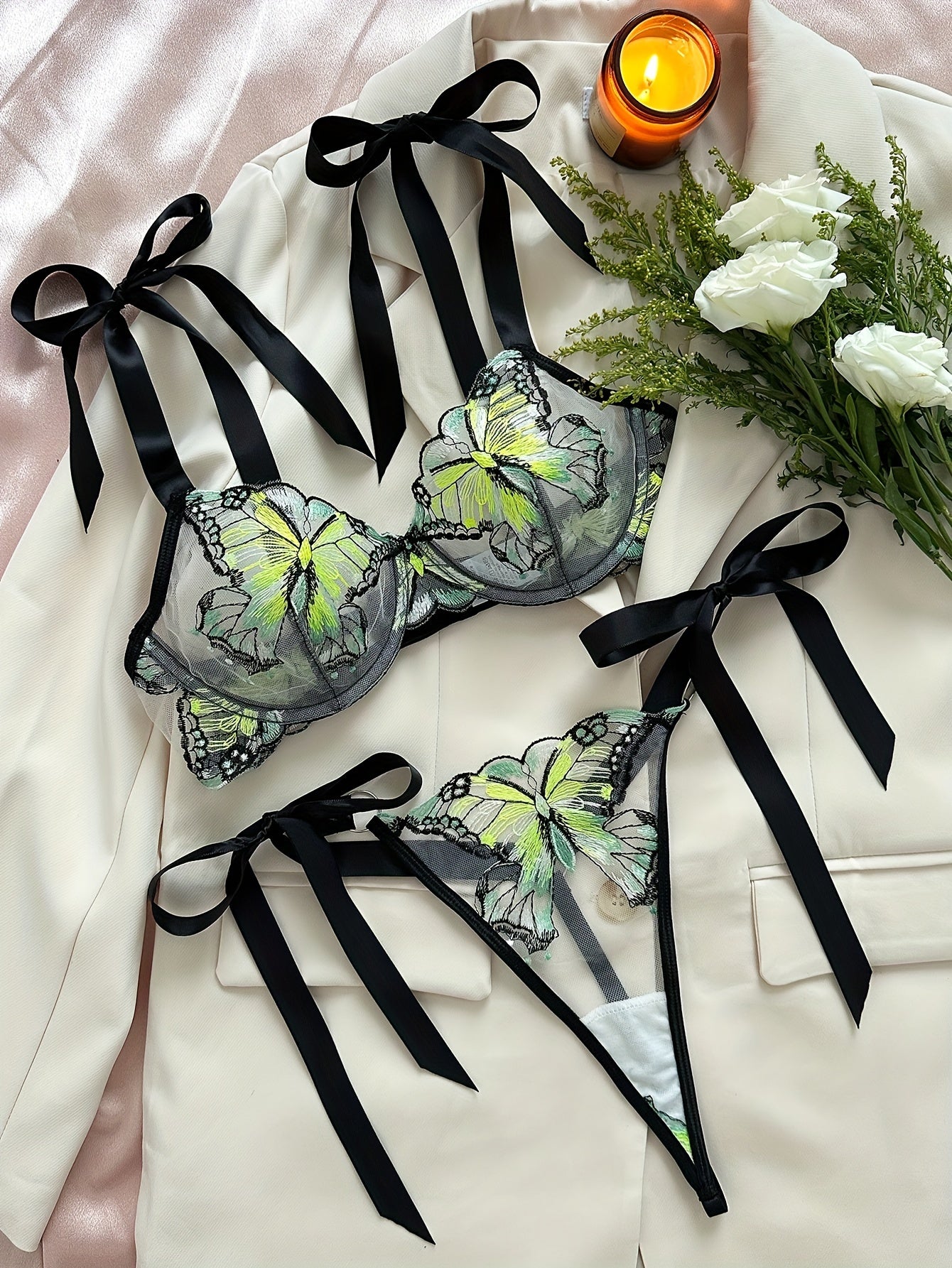 Butterfly Embroidery Lingerie Set, Unlined Mesh Bra & Strappy Thong, Women's Sexy Lingerie & Underwear