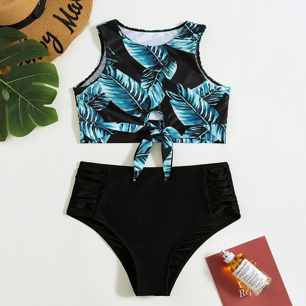 Leaf Print Bikini Women's High Waist Tank Top Split Swimsuit