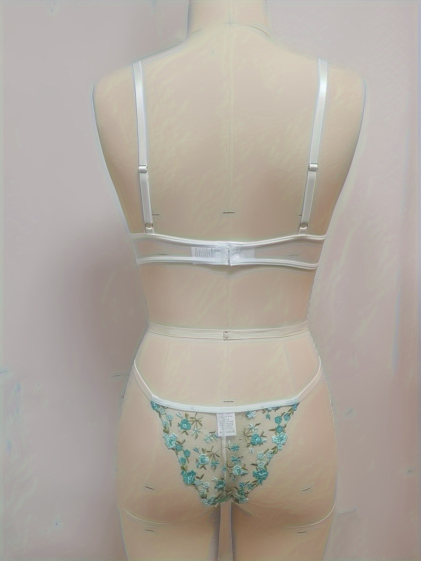 Floral Embroidery Lingerie Set, Mesh Unlined Bra & Sheer Thong, Women's Sexy Lingerie & Underwear