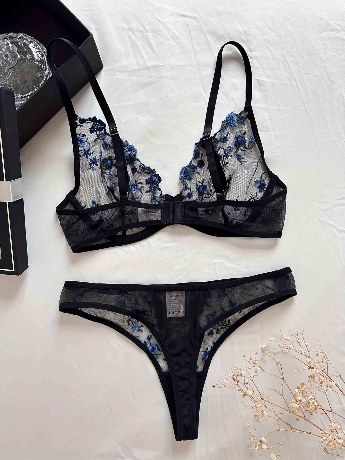 Floral Embroidery Lingerie Set, Mesh Unlined Bra & Thong, Women's Sexy Lingerie & Underwear