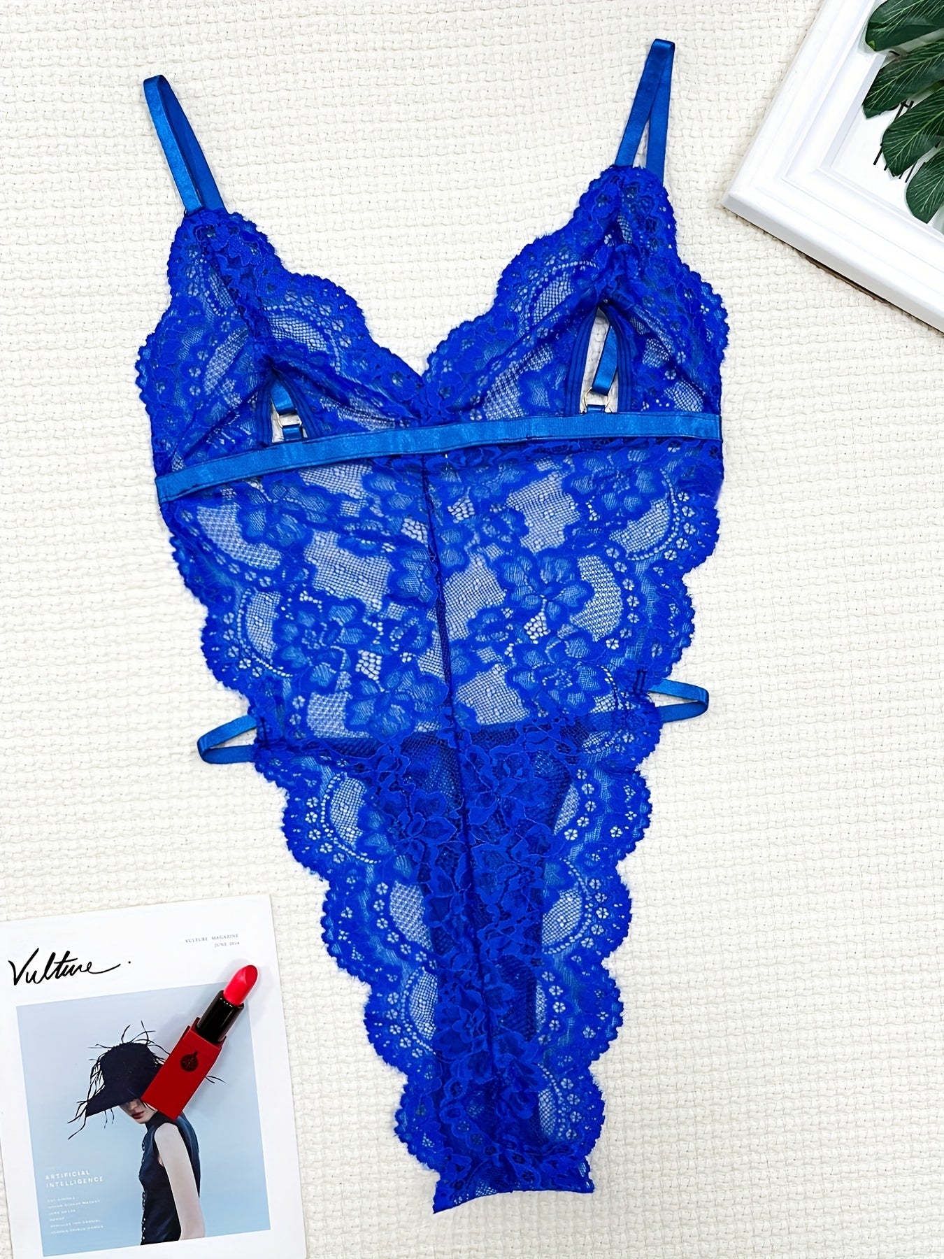 Floral Lace Scallop Trim Teddy, Cut Out Deep V Backless Thong Bodysuit, Women's Sexy Lingerie & Underwear