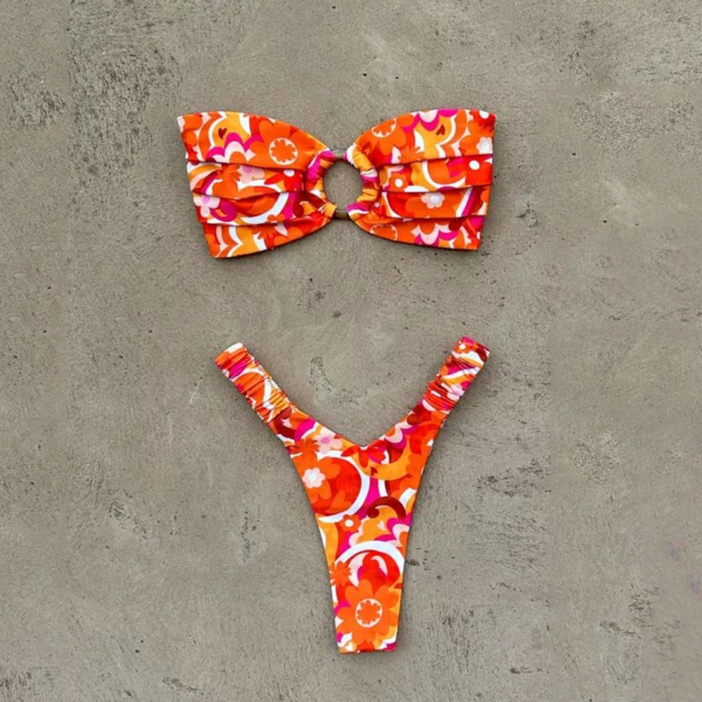 New Women's Printed Pleating Bikini Swimsuit