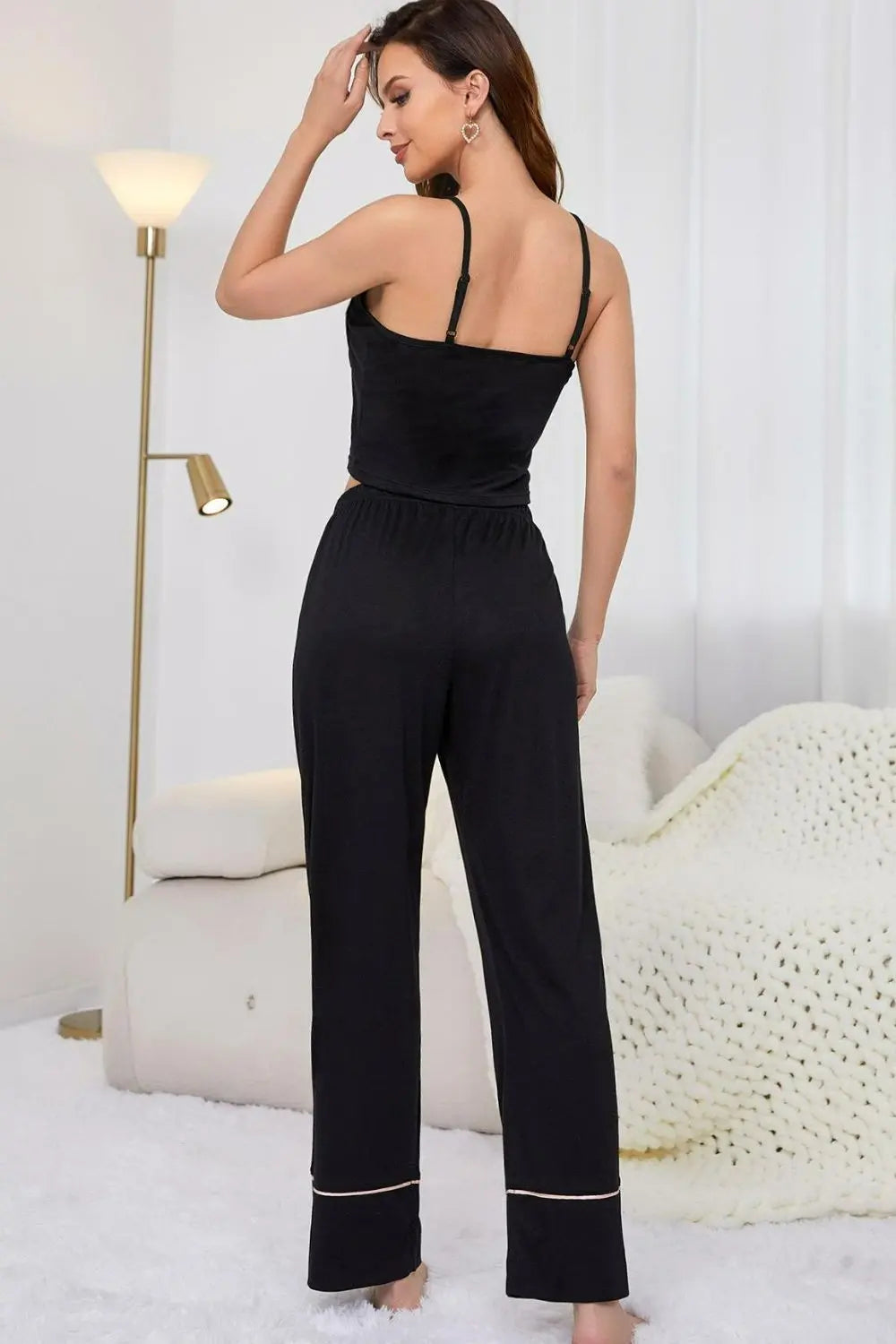 Contrast Trim Cropped Cami and Pants Loungewear Set - Image #2