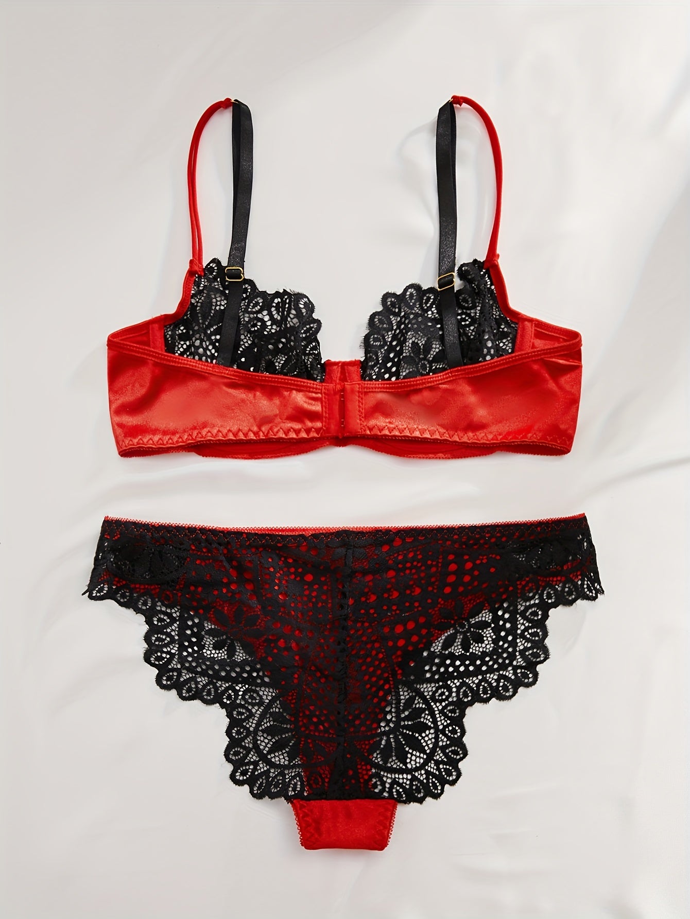 Contrast Lace Lingerie Set, Sheer Unlined Bra & Bikini Panties, Women's Sexy Lingerie & Underwear