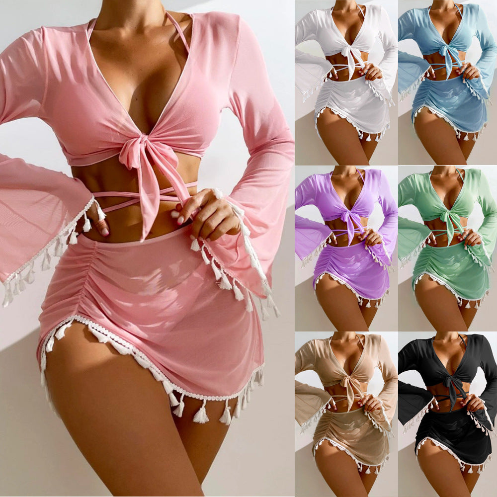 Conservative Four-piece Solid Color Tassel Blouse Mesh Skirt Bikini Swimsuit