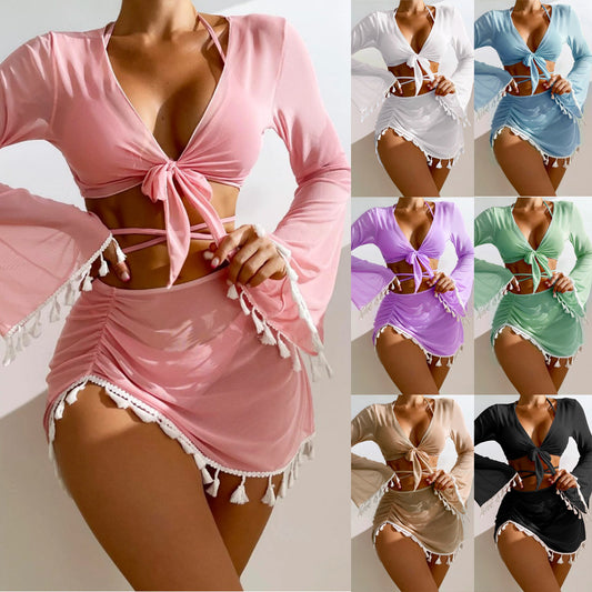 Conservative Four-piece Solid Color Tassel Blouse Mesh Skirt Bikini Swimsuit