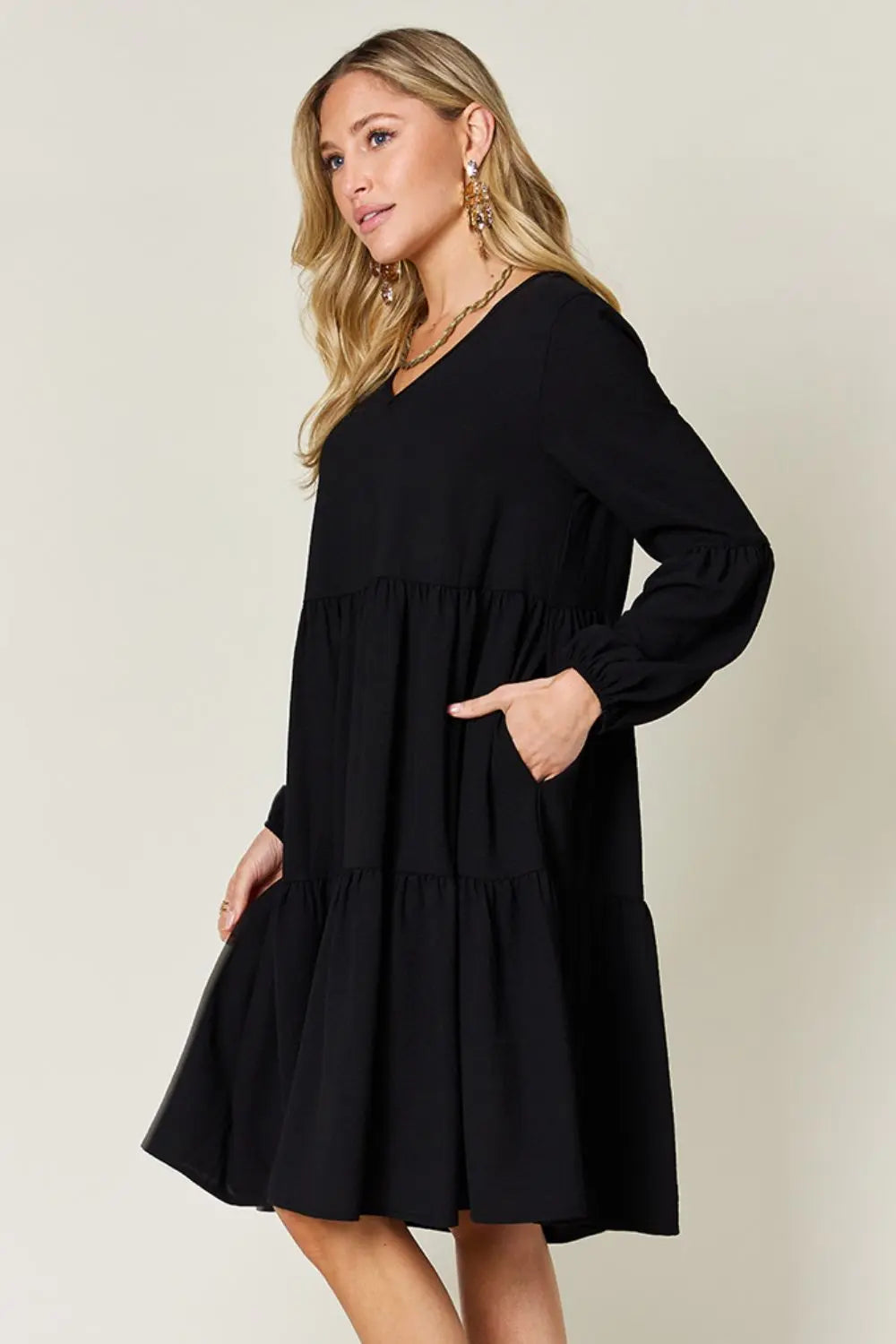 Double Take Full Size V-Neck Balloon Sleeve Tiered Dress with Pockets - Image #16