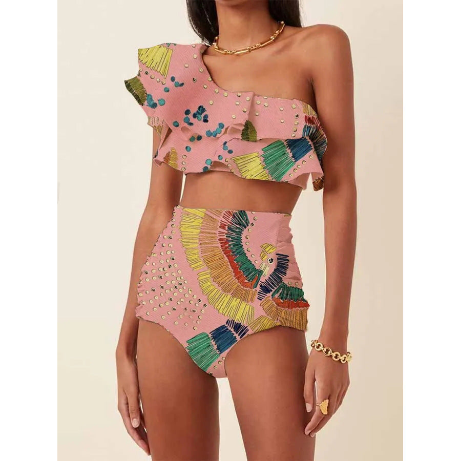 Women's Printed Oblique Shoulder Ruffles High Waist Bikini Suit