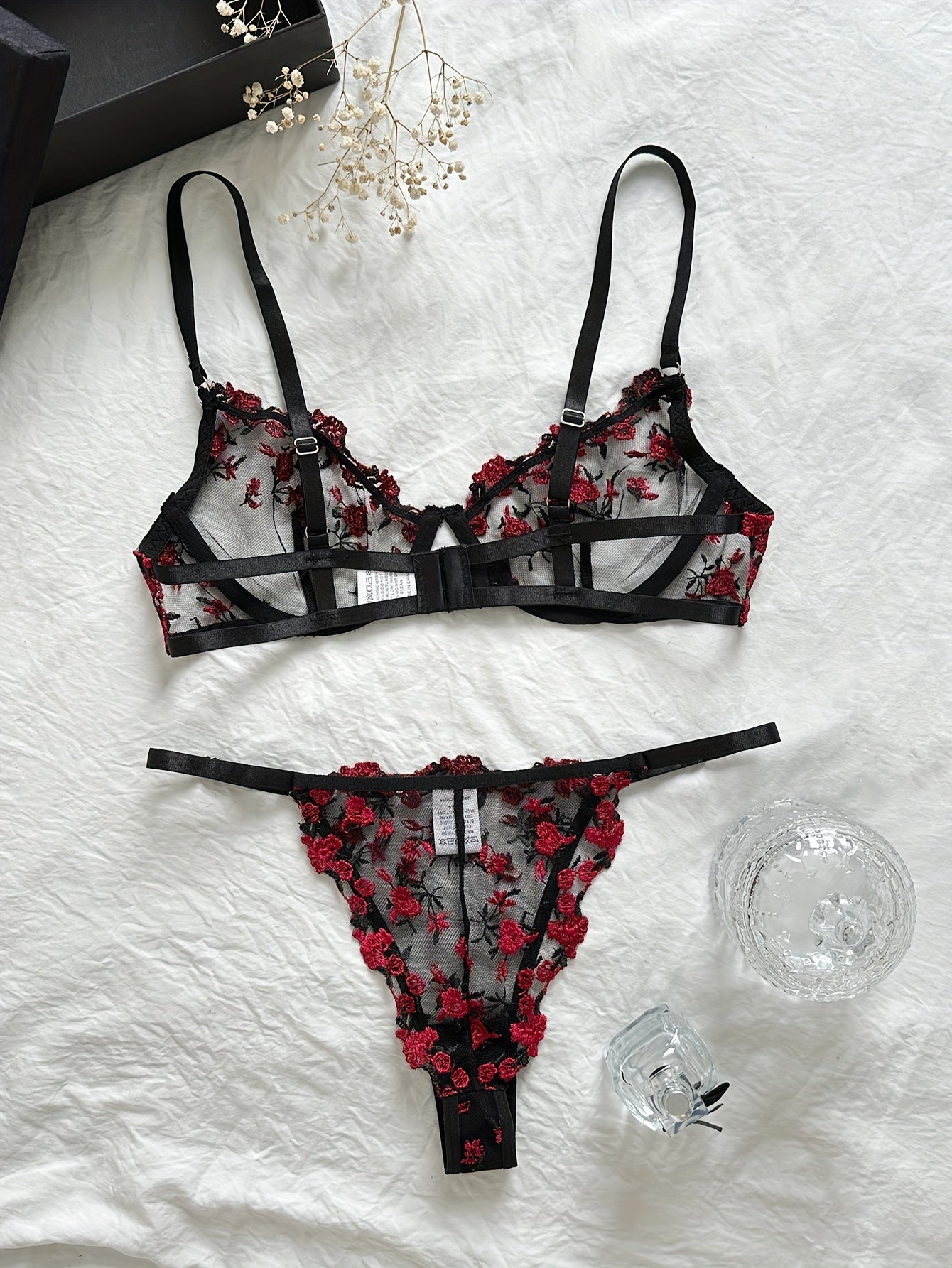 Floral Embroidery Lingerie Set, Cut Out Unlined Bra & Mesh Thong, Women's Sexy Lingerie & Underwear