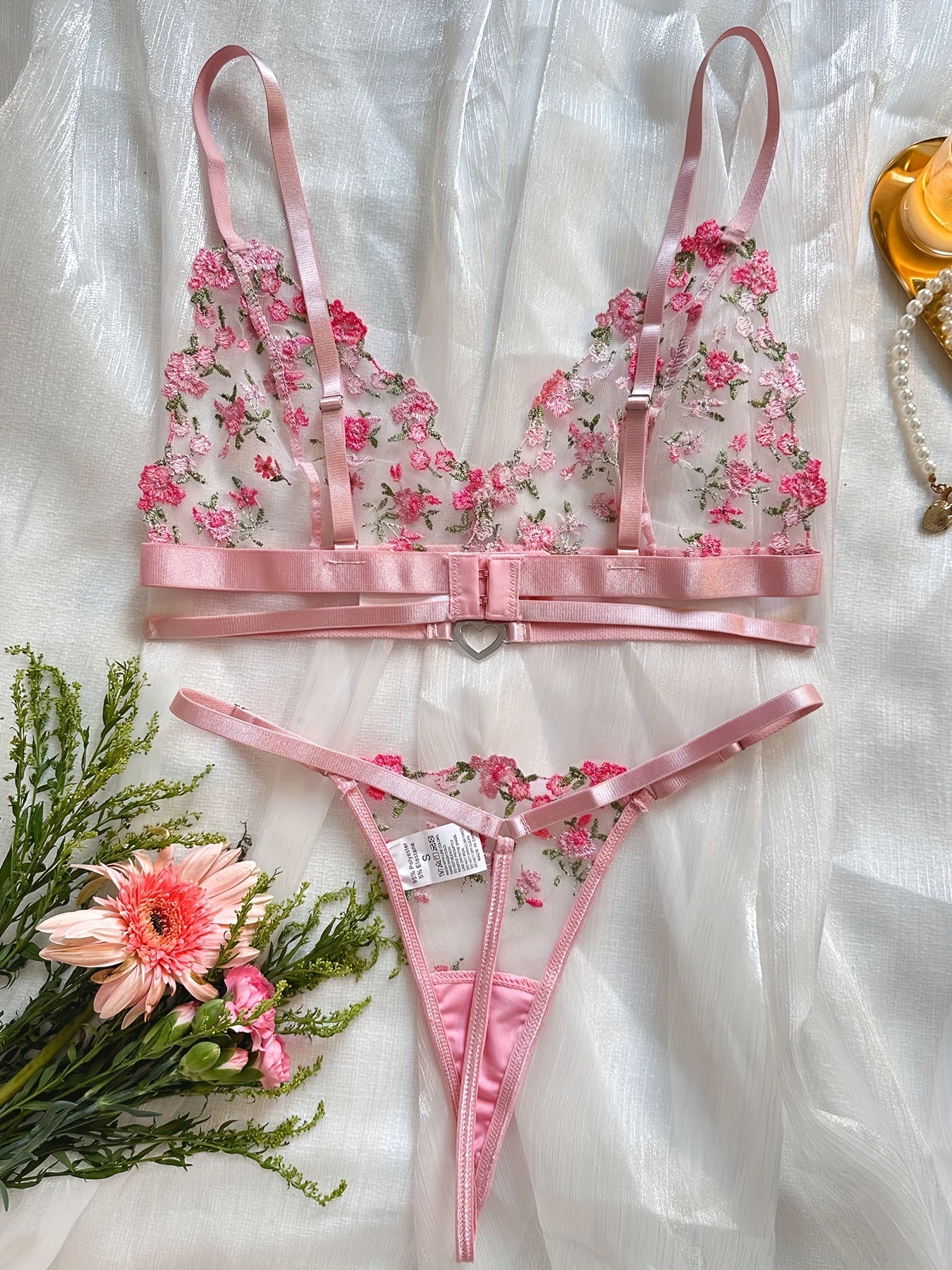 Floral Embroidery Lingerie Set, Cut Out Unlined Bra & Mesh Thong, Women's Sexy Lingerie & Underwear