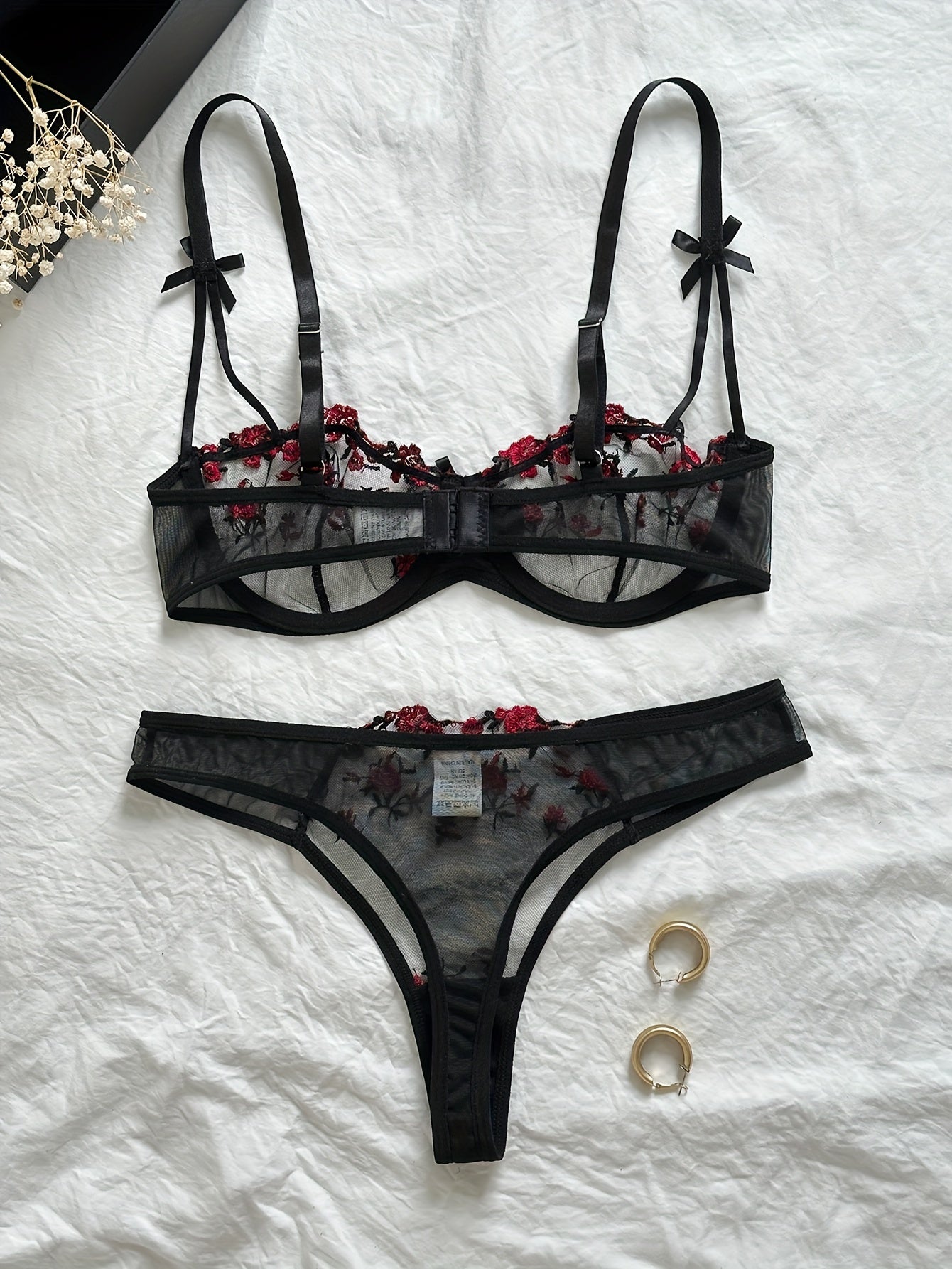 Floral Embroidery Lingerie Set, Mesh Unlined Bra & Mesh Thong, Women's Sexy Lingerie & Underwear