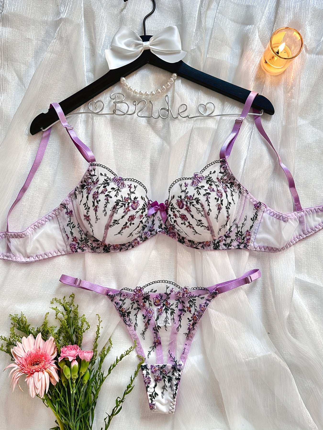 Floral Embroidery Lingerie Set, Sheer Unlined Bra & Mesh Thong, Women's Sexy Lingerie & Underwear