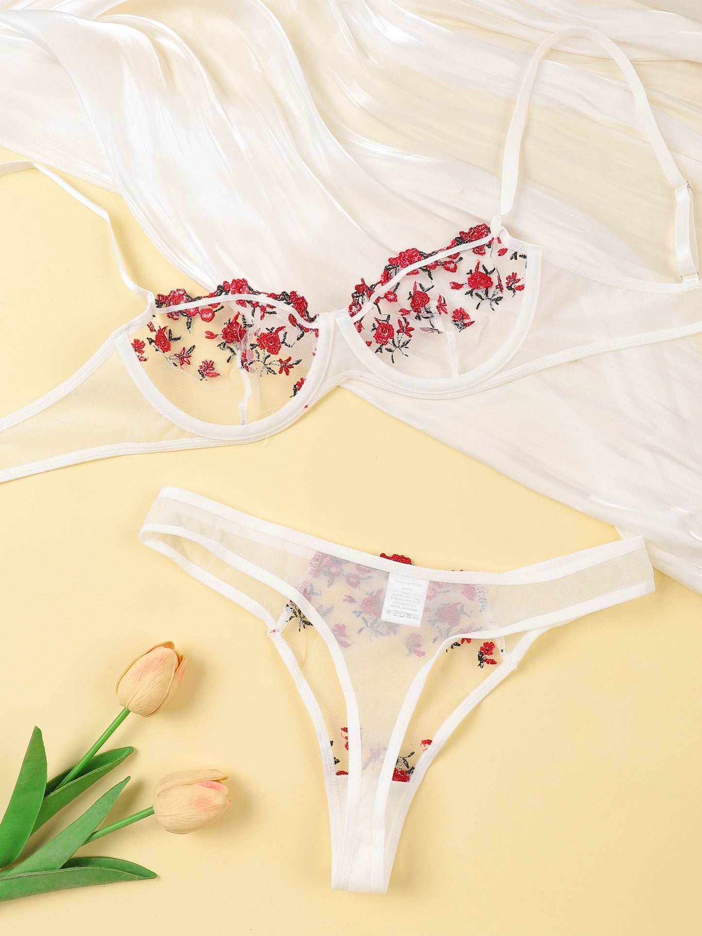 Flower Lingerie Set, Semi-sheer Mesh Bra & Matching Cheeky Panty, Women's Sexy Lingerie & Underwear