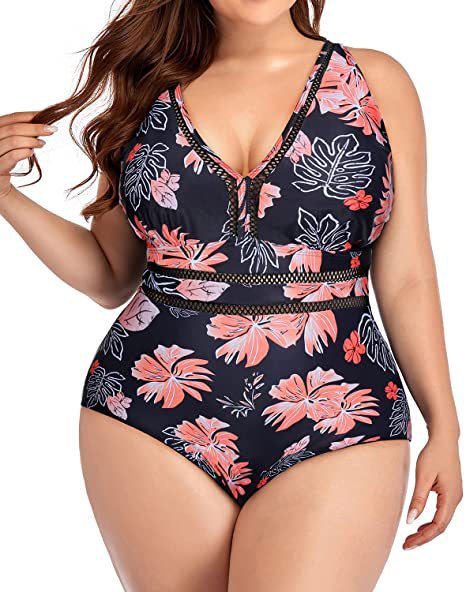 Women's Plus Size Siamese Swimming Mesh Fabric Stitching Printing Plus-sized Swimsuit Bikini