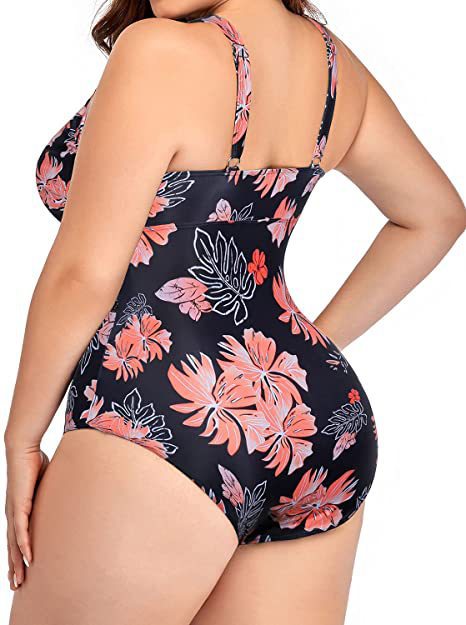 Women's Plus Size Siamese Swimming Mesh Fabric Stitching Printing Plus-sized Swimsuit Bikini