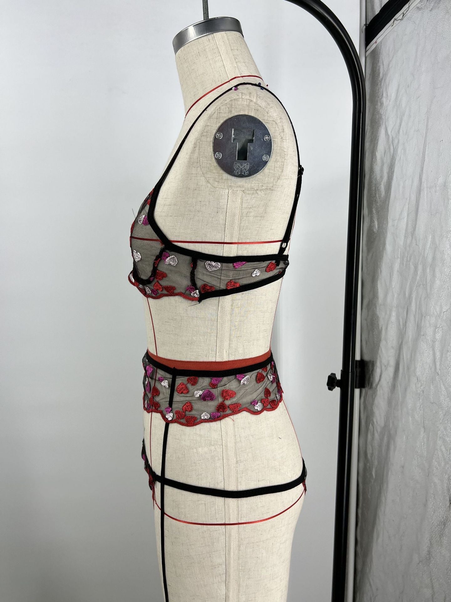 Mesh Lace Love Embroidered Three-point Sexy Lingerie Suit - Peek A Boo Undies