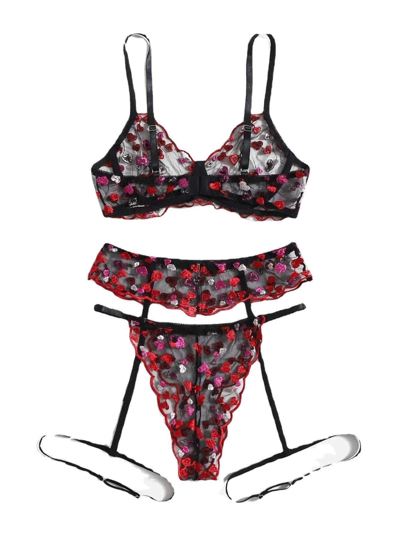 Mesh Lace Love Embroidered Three-point Sexy Lingerie Suit - Peek A Boo Undies