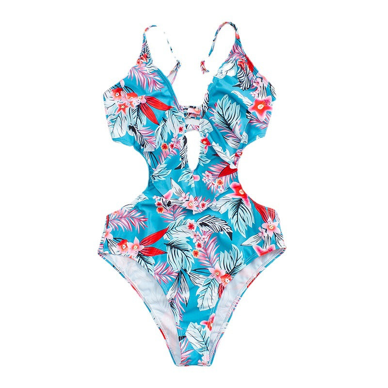 Triangle One Piece Leaf Print Ruffle Swimsuit