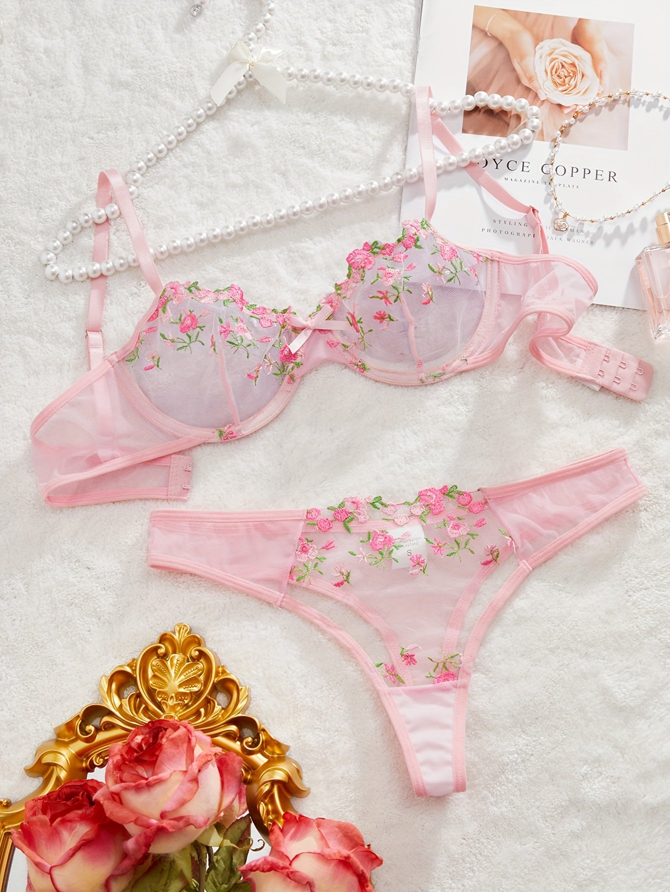 Floral Embroidery Lingerie Set, Sheer Bow Tie Unlined Bra & Mesh Thong, Women's Sexy Lingerie & Underwear