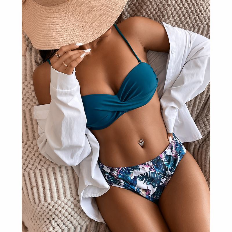 Women's Floral High Waist Tube Top Bikini Split Swimsuit