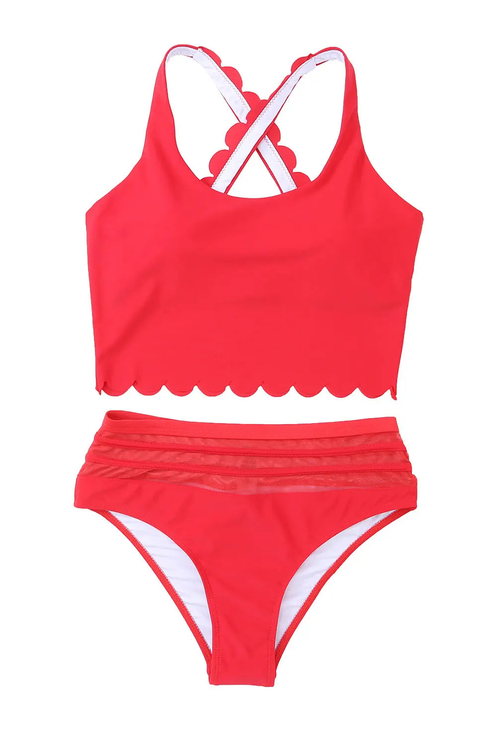 Red Scalloped Criss Cross High Waist Bikini - Image #9