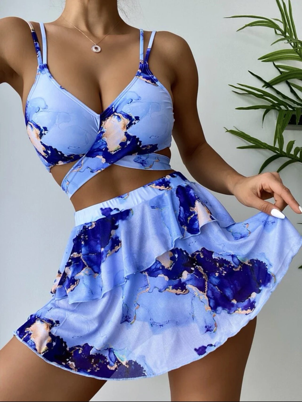 Women's Marble Printed Three-piece Set Bikini