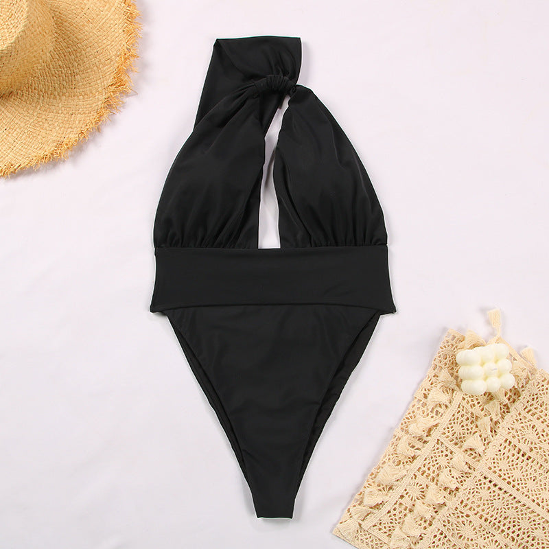 Women's Solid Color One Shoulder High Waist One Piece Swimsuit