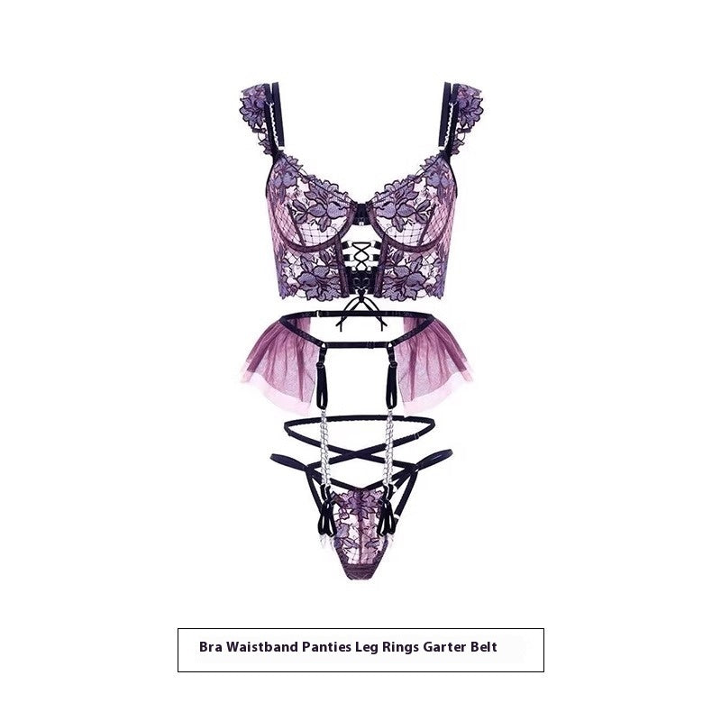 Purple Rose Lingerie Lace Embroidery Three-piece Set