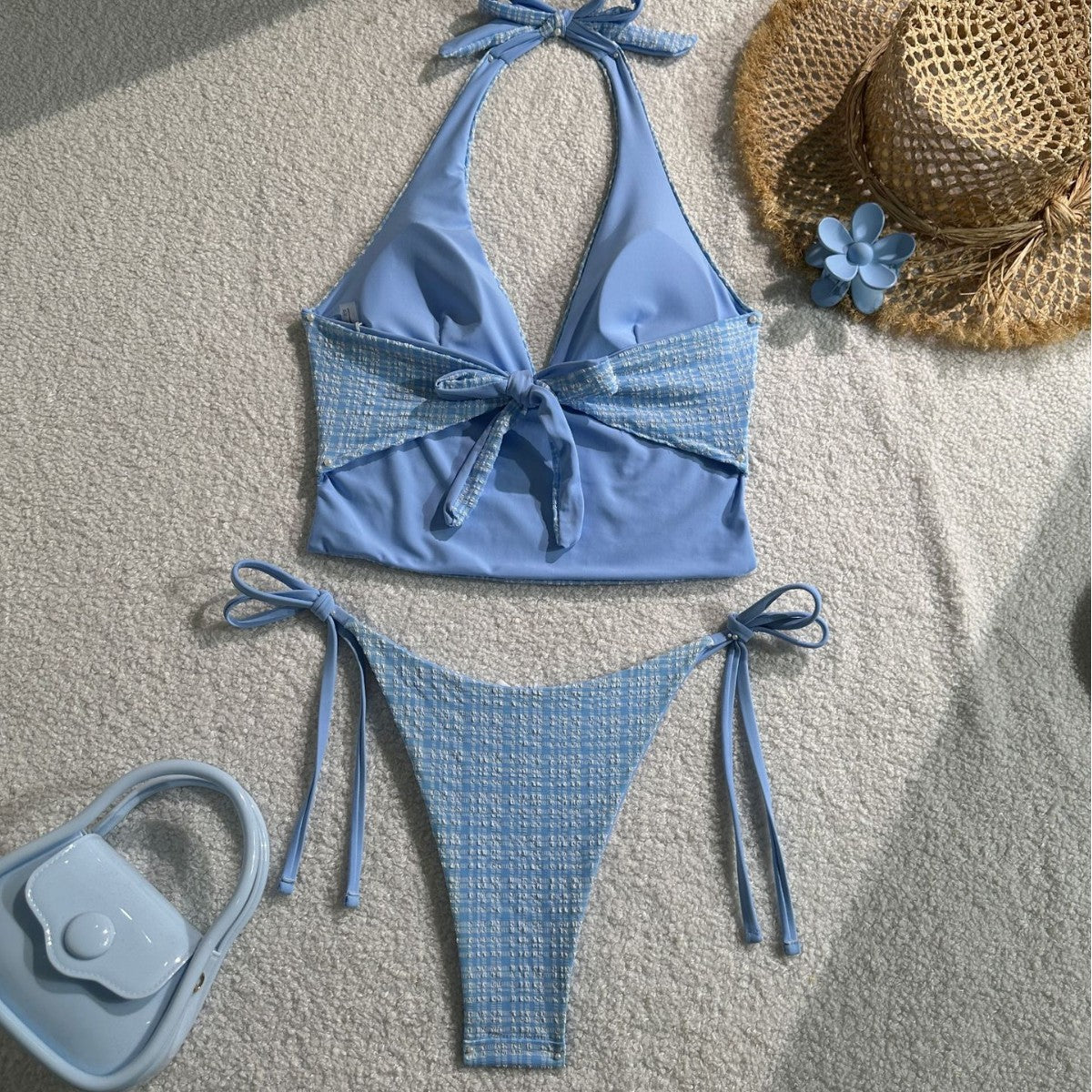 Plaid Collar Sleeveless Slim Fit Top Drawstring Short Lace Pants  Swimsuit