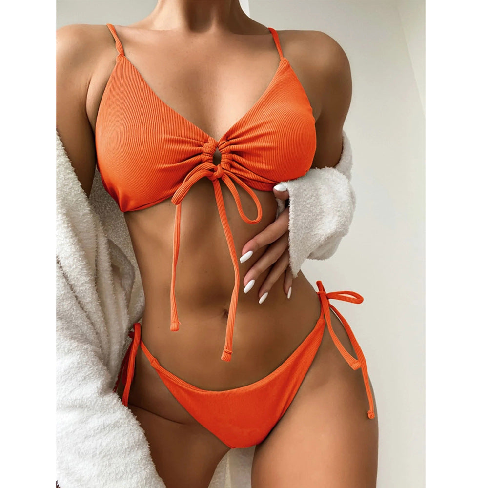 Women's Solid Color Drawstring Swimsuit Bikini