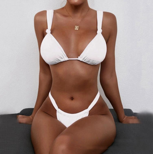 Bikini Pleated Split Strap Pure Color And Knotted Swimsuit - Peek A Boo Undies