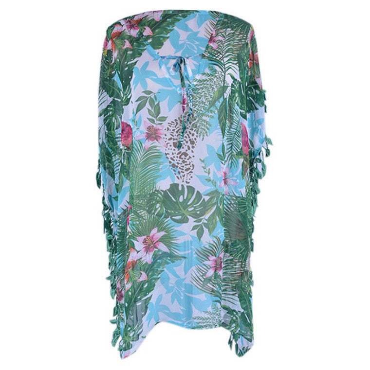 Chiffon Green Bird Printed Beach Cover-up Tassel Vacation Sun Protection Bikini Blouse