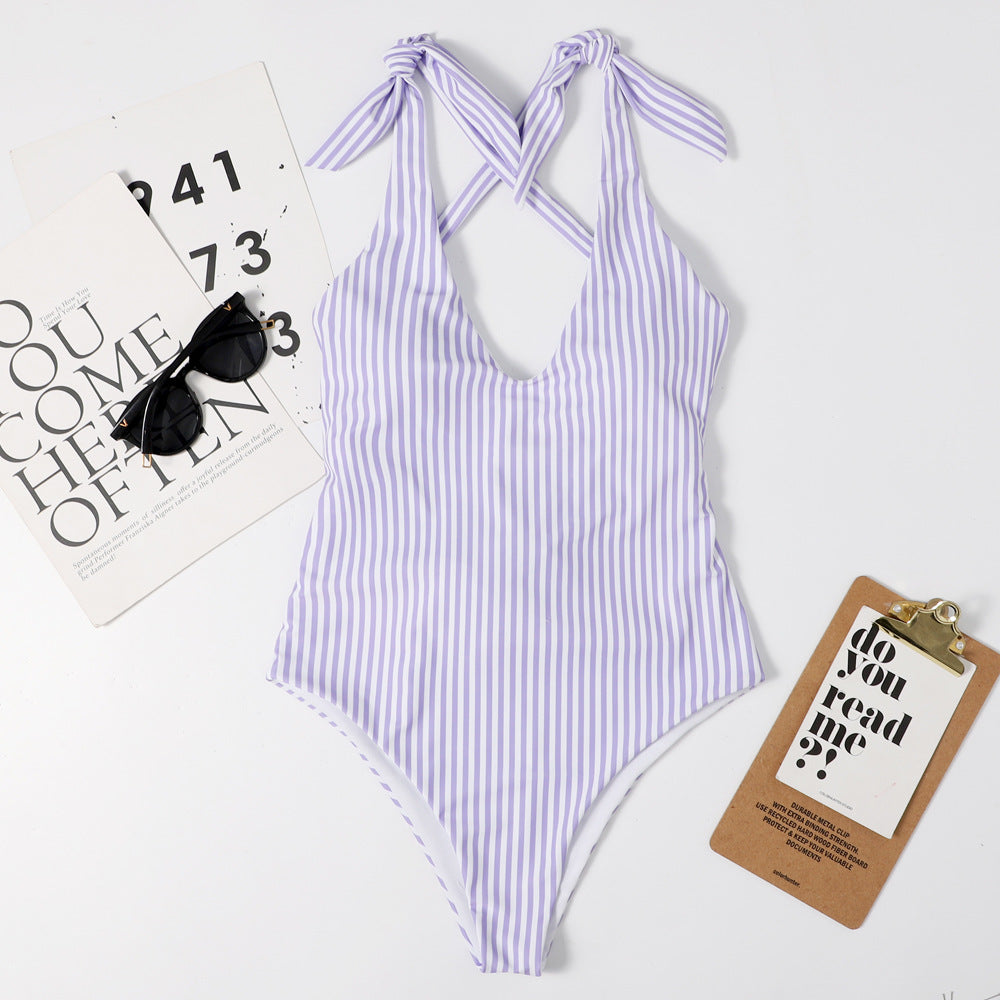 Women's Striped Print Slim One-Piece Swimsuit