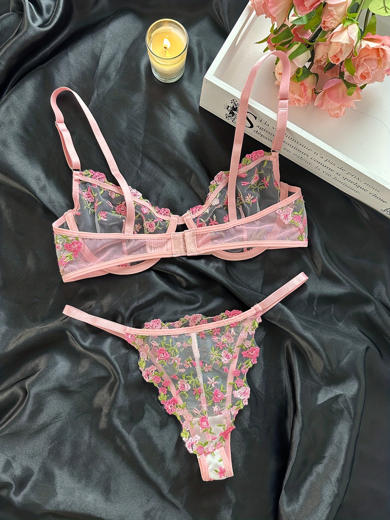 Floral Embroidery Lingerie Set, Hollow Out Unlined Bra & Sheer Mesh Thong, Women's Sexy Lingerie & Underwear