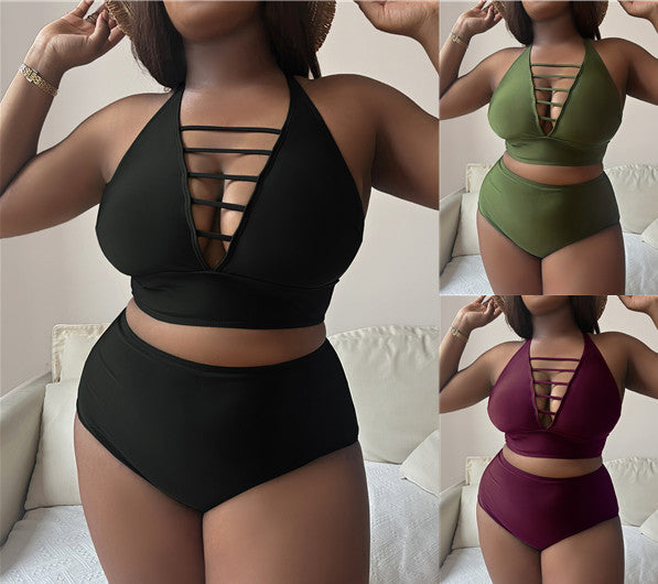 Plump Girls Plus Size Solid Color Hollow Cross Shoulder Strap Adjustable Halter Bikini