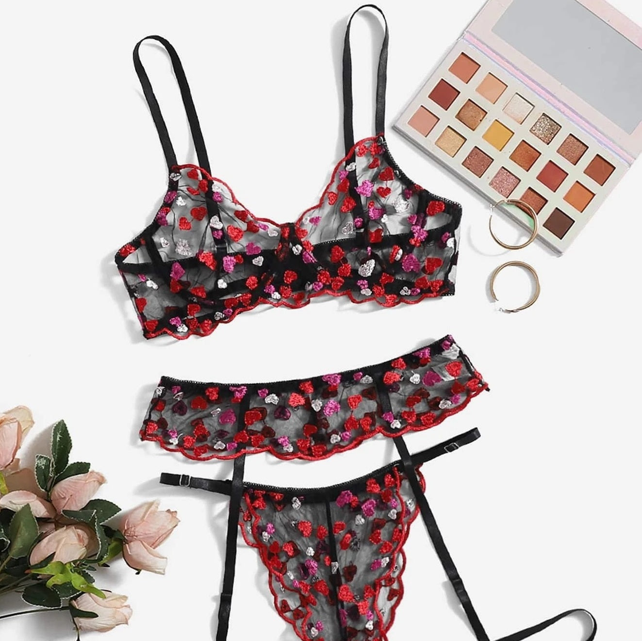 Mesh Lace Love Embroidered Three-point Sexy Lingerie Suit - Peek A Boo Undies