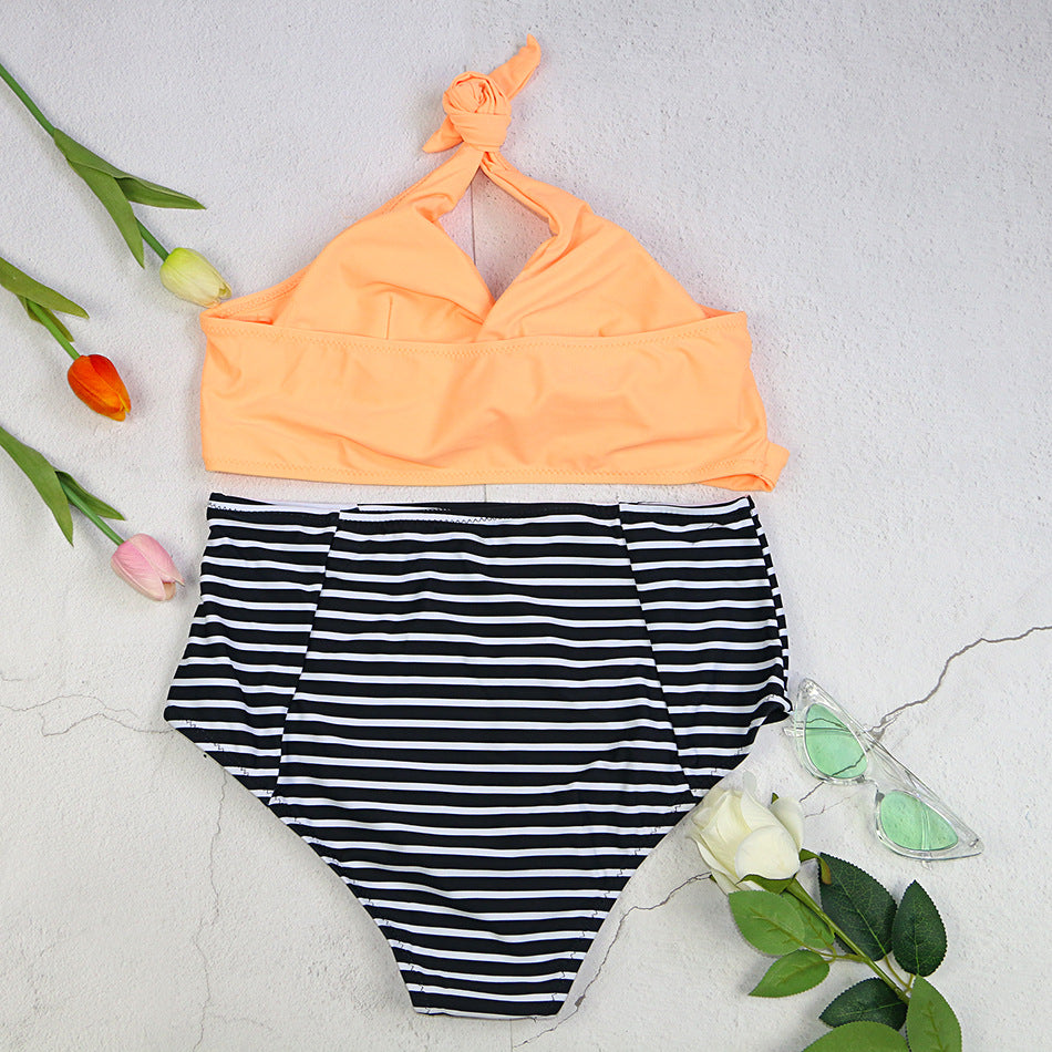 Printed Striped Split-neck Low-rise Bikini