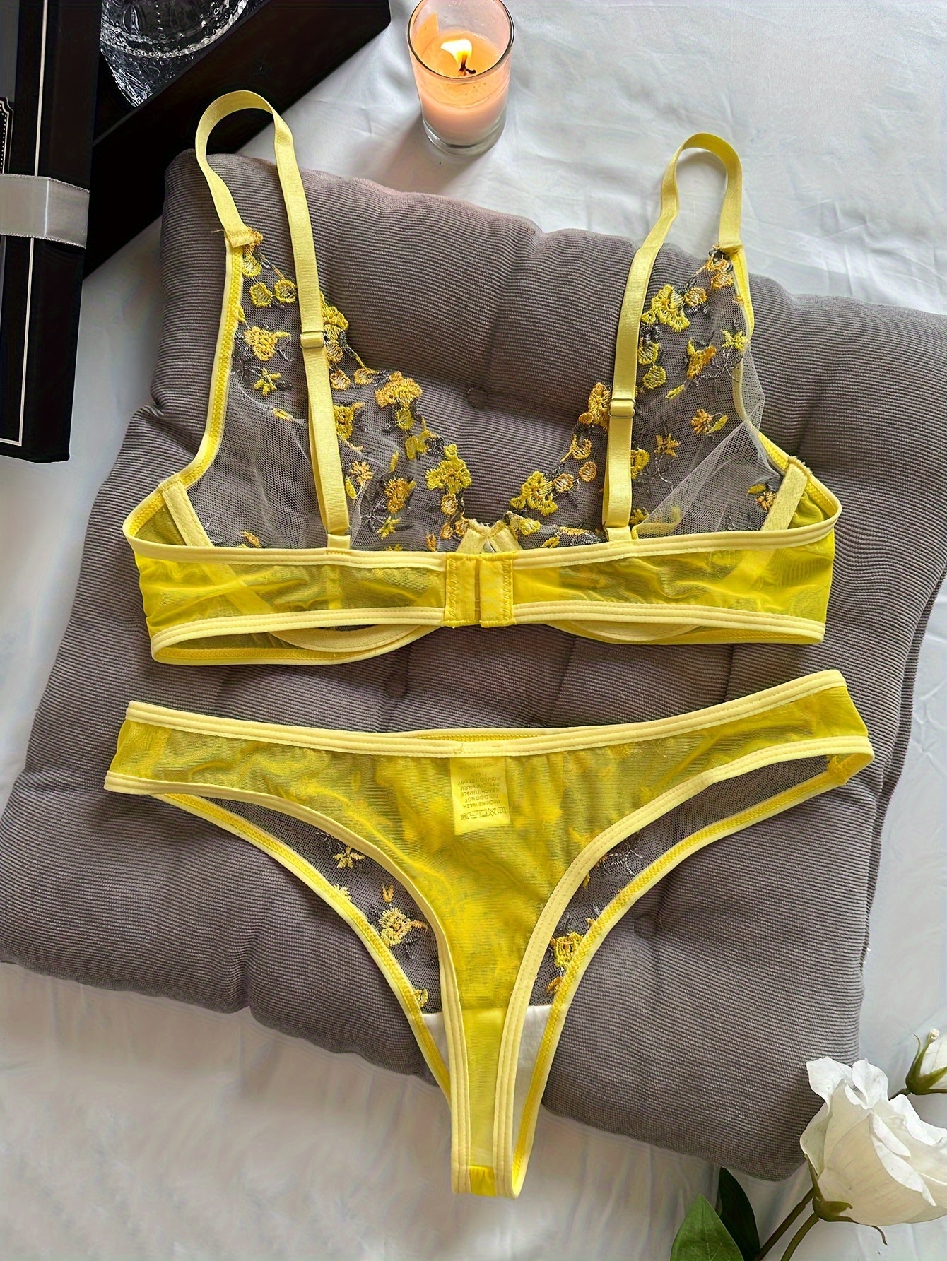 Floral Embroidery Lingerie Set, Mesh Unlined Bra & Thong, Women's Sexy Lingerie & Underwear