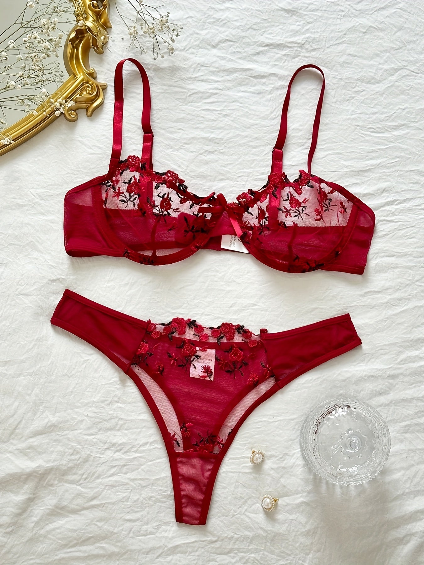 Floral Embroidery Lingerie Set, Sheer Bow Tie Unlined Bra & Mesh Thong, Women's Sexy Lingerie & Underwear