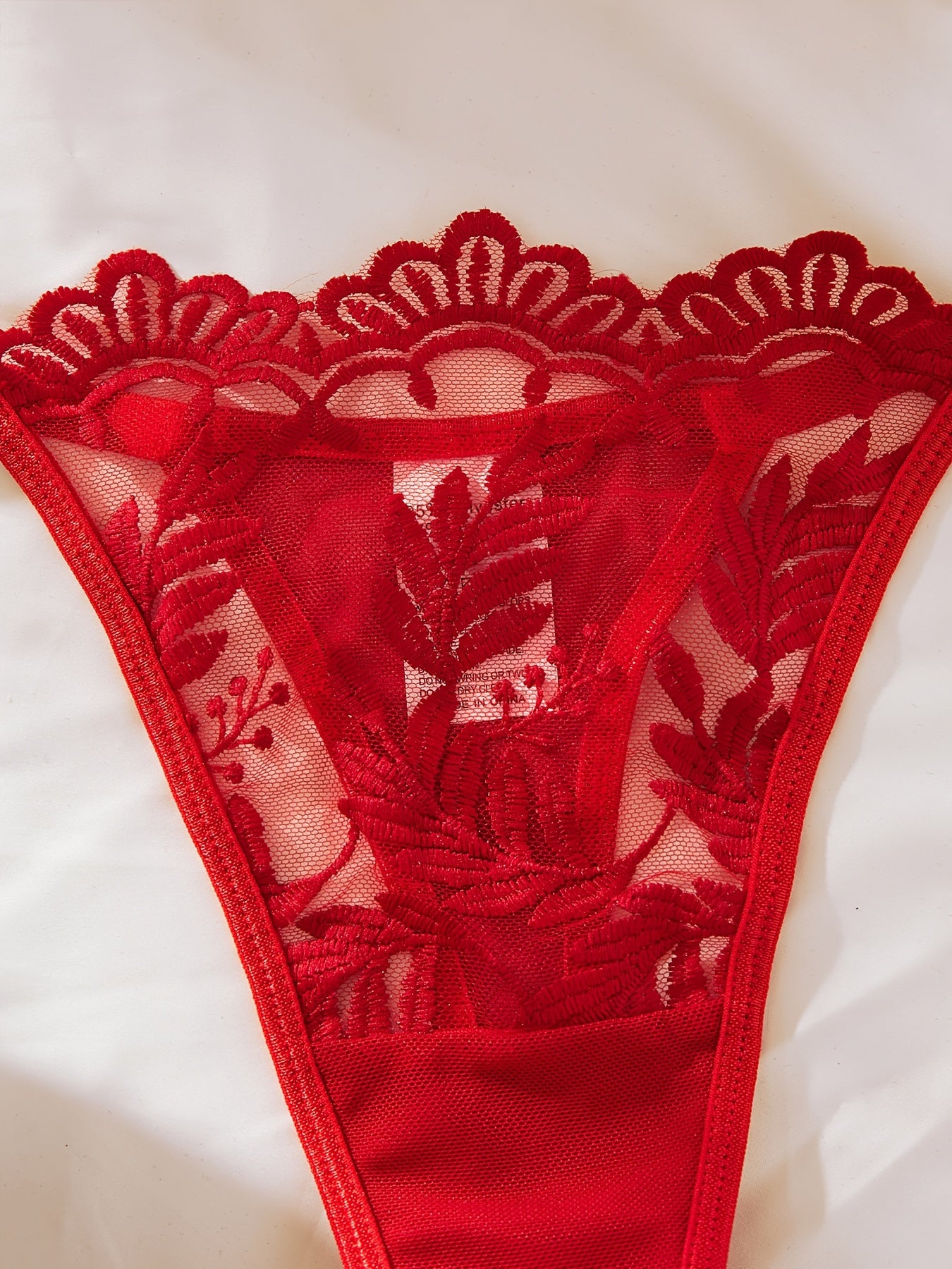 Plant Embroidery Lingerie Set, Mesh Unlined Bra & Thong, Women's Lingerie & Underwear