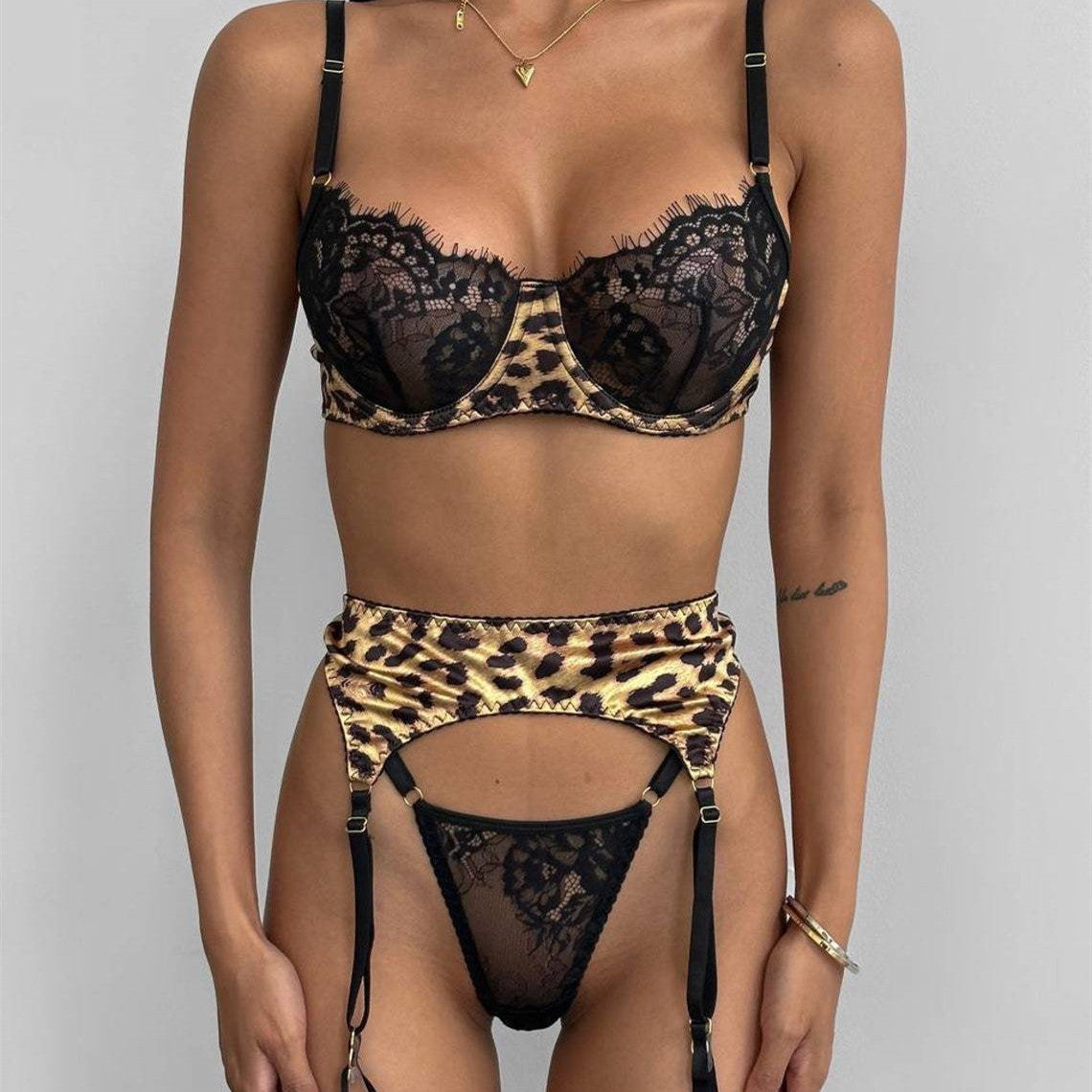 Leopard Print Stitching Lace See-through Lingerie Three-piece Set