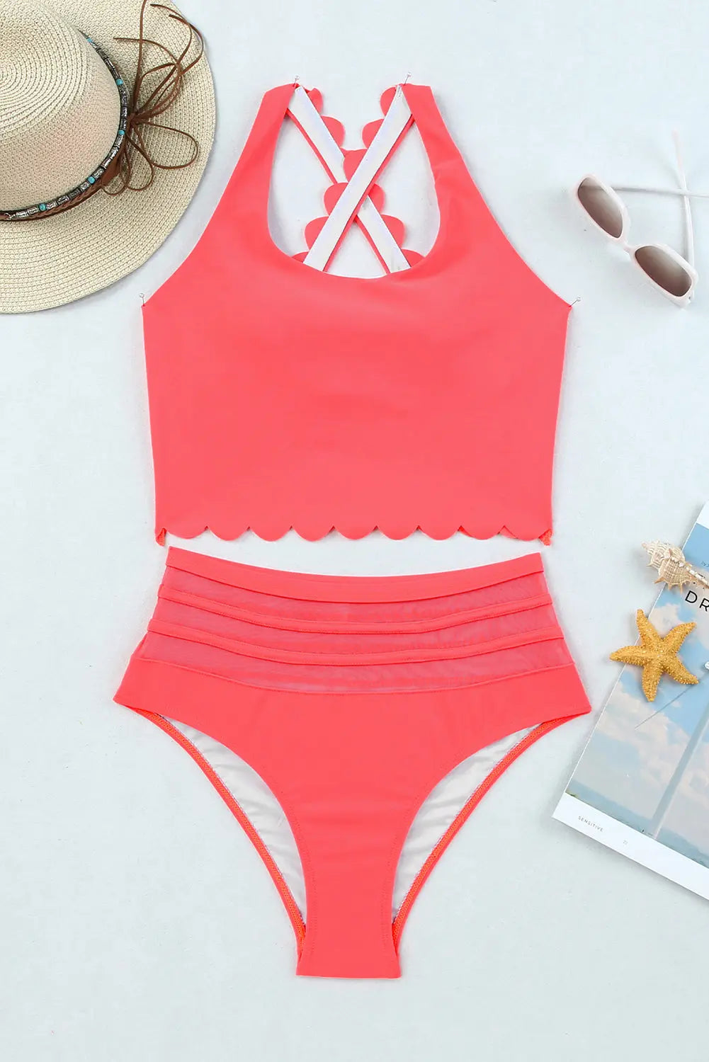 Pink Scalloped Criss Cross High Waist Bikini - Image #7