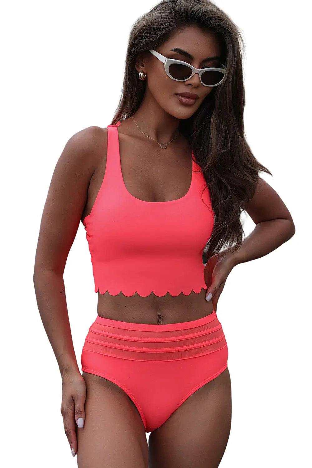 Pink Scalloped Criss Cross High Waist Bikini - Image #18