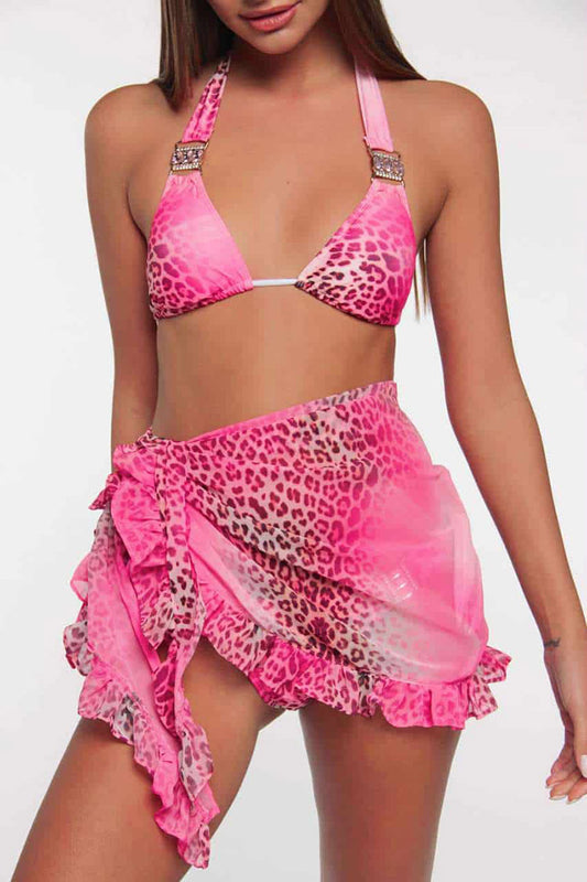 Pink Leopard Print Split Bikini