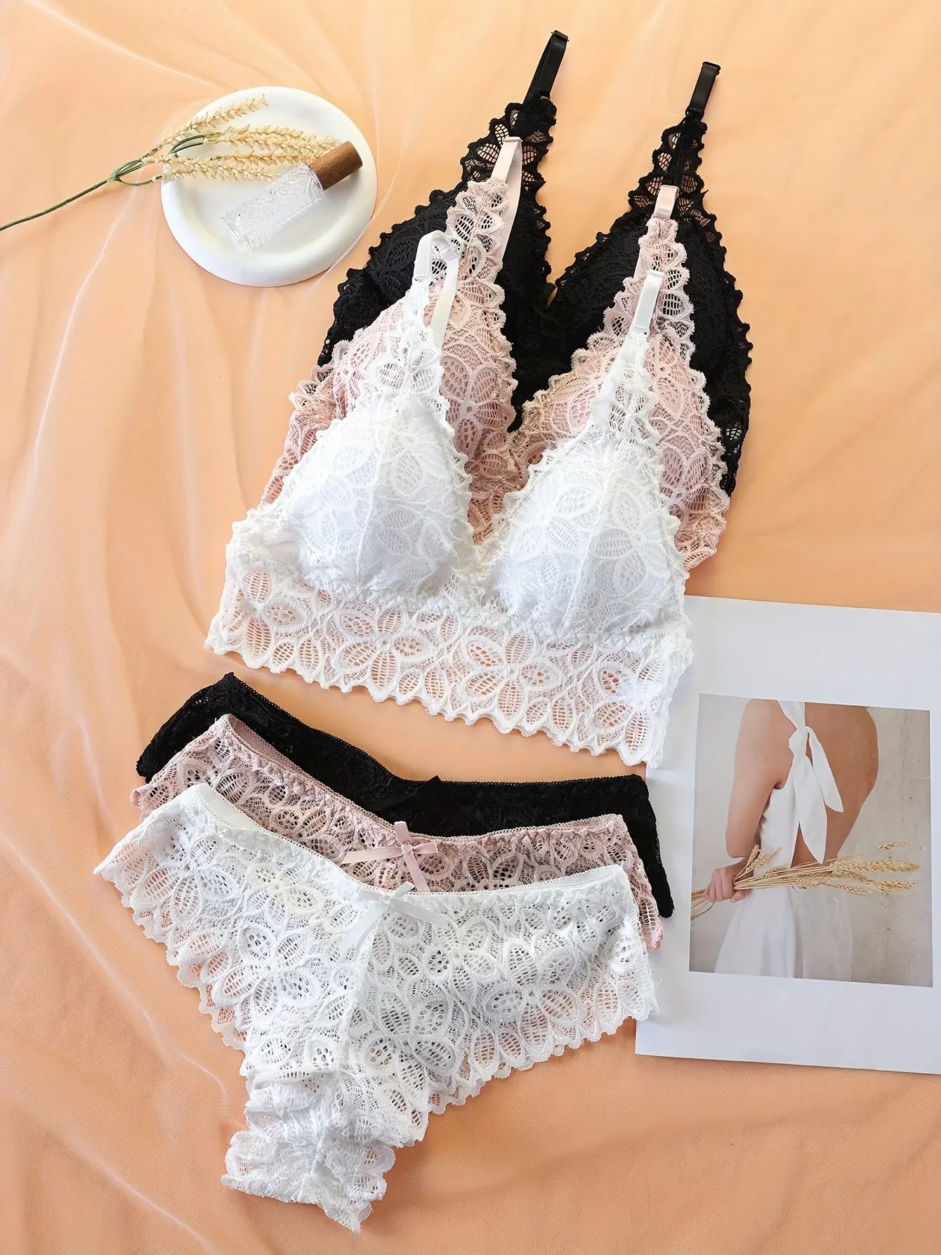 3 Sets Floral Lace Bra & Panties, Wireless Push Up Bra & Bow Tie Panties Lingerie Set, Women's Lingerie & Underwear - Image #6