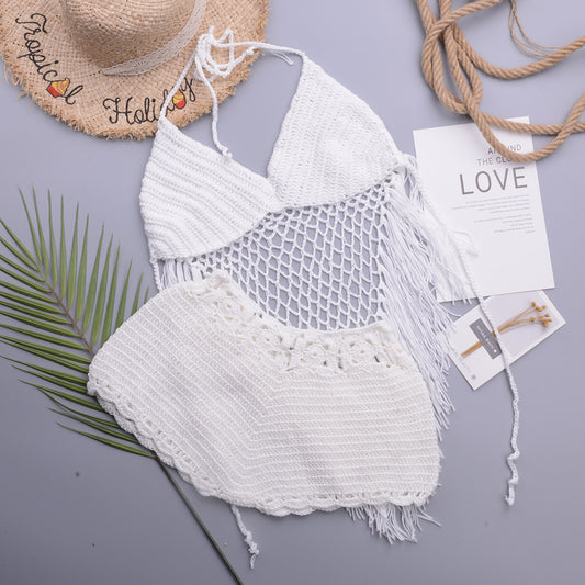 Hollow Crochet Tassel Strap Top Split Swimsuit