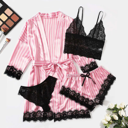 Lingerie Satin Pink Striped Coat Lace Bra Underwear Four-piece Set